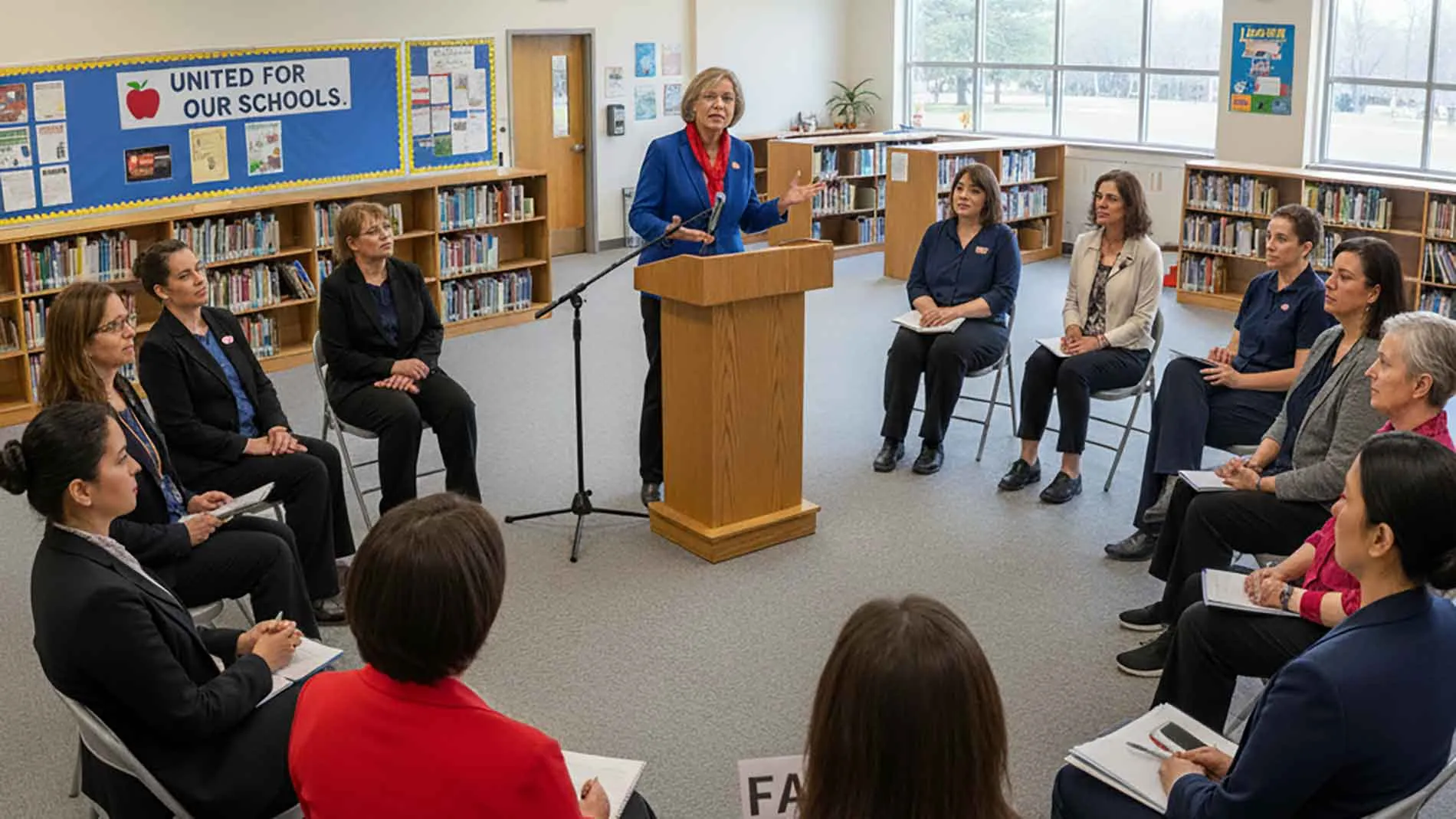 A union rep addresses members from a podium